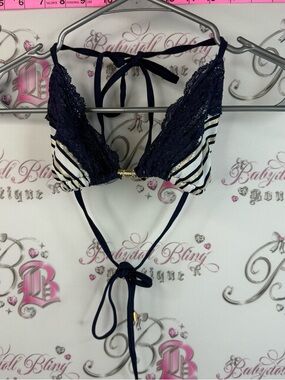 Bikini top shiny Striped Navy Lace Triangle Bikini Top with Gold Accent